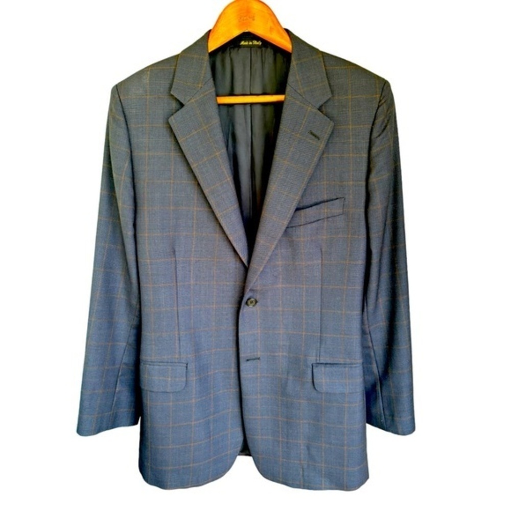 Zino Navy Blue Plaid Sport Coat Size 40 R Two Button 100% Wool Made in Italy